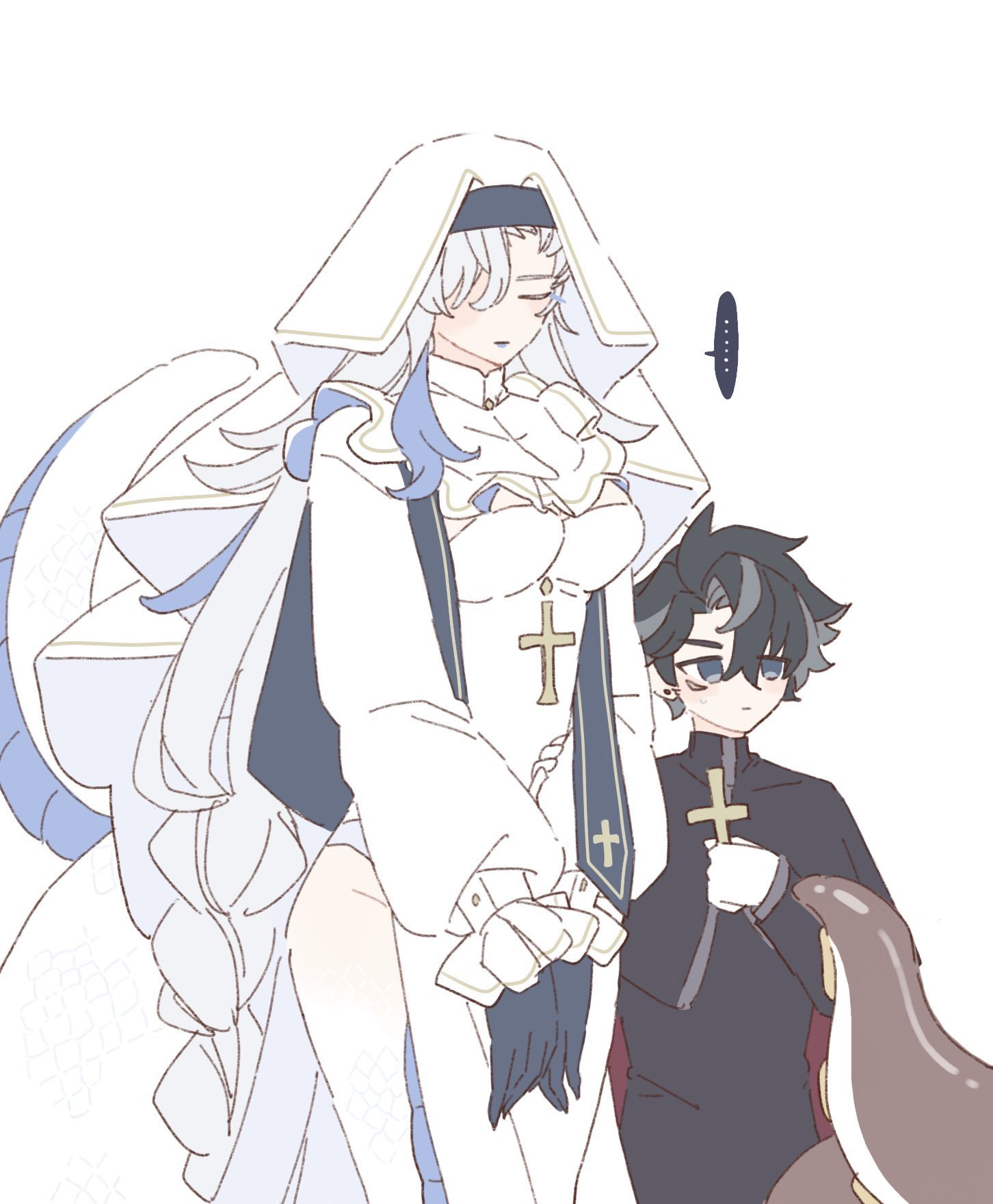 the image is a digital drawing or fanart in an anime/manga style. it depicts a young woman dressed as a nun, her attire primarily white and light blue with a large, flowing habit. she stands beside a boy dressed in darker clothing, reminiscent of a priest's garb.  both characters have crosses visible on their clothing, and their style is soft and somewhat pastel in color scheme.  the overall mood is peaceful and serene. the art style is relatively simple and clean, with soft lines and shading. a small speech bubble suggests the woman is perhaps thinking or observing.  the background is plain white, focusing the viewer's attention on the two central characters.