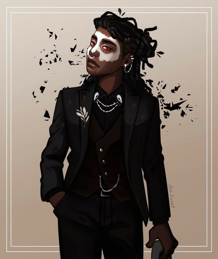 an illustration depicts a stylish man with dark skin and dreadlocks, dressed in a formal black suit, vest, and collared shirt. the man's face is adorned with white paint, and he has red eyes, and wears a silver earring. his hair is styled in dreadlocks, with some strands pulled back. a silver necklace with decorative elements accentuates his neckline, and a small floral arrangement is pinned to his lapel. he holds a cane in his hand and stands with a confident gaze. the background contains a scattering of shattering effects, adding a dynamic touch to the composition.