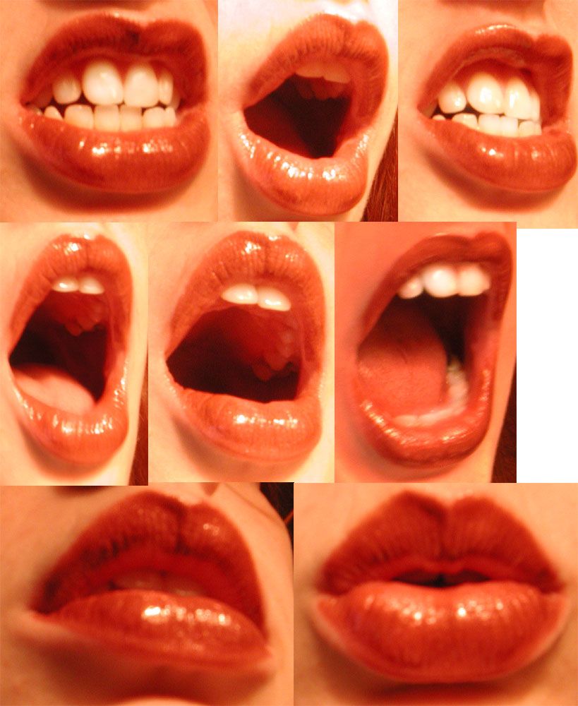 the image is a collage featuring nine closeup photos of a woman's mouth. each photo showcases a different expression with her lips, ranging from a closedmouth smile to widely open. the lips are coated in a glossy, reddishorange lipstick that accentuates their shape and texture. the soft lighting highlights the contours of her lips and emphasizes the wet look of the lipstick.