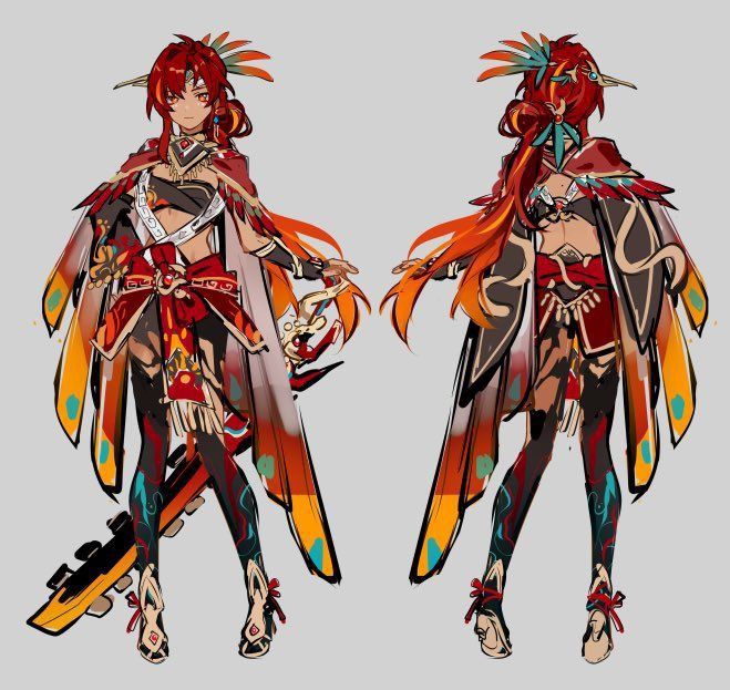the image presents a fullbody, front and back view concept art of yaoyao from the popular video game genshin impact.  the character is depicted in an elaborate, detailed costume incorporating elements of traditional east asian clothing with a bird motif, particularly featuring feathers in shades of orange, red, gold, and teal. her long, fiery red hair is styled in an updo accented with feathers. she holds what appears to be a guitarlike weapon. the art style is reminiscent of anime and manga, showcasing vibrant colors and dynamic poses. the design demonstrates a strong emphasis on the character's costume detail and overall aesthetic.