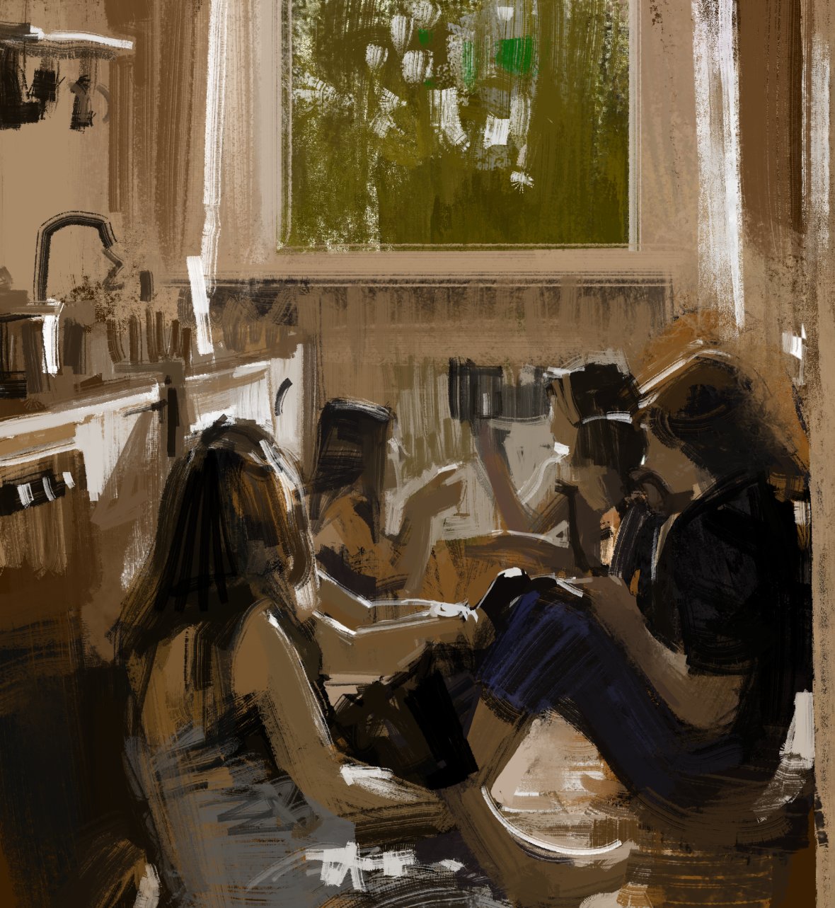 a digital painting of a group of people sitting inside a cafe or restaurant.  the group consists of three people, two women and a man.  the man is sitting with his back to the viewer, while the woman is facing the viewer, and the other woman is obscured.  they appear to be talking and having a good time.  the cafe is painted in a warm, brown color scheme and the window to the left of the viewer shows a green, leafy scene.