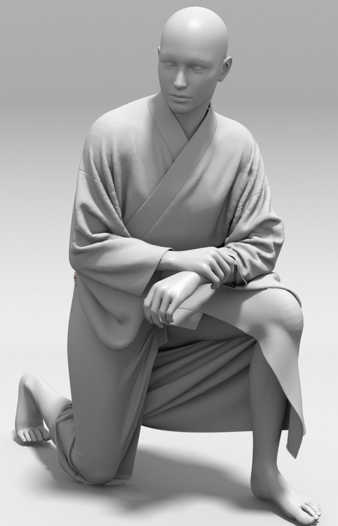 a monochrome fullbody 3d render of a male mannequin wearing a traditional robe or kimono. the mannequin is kneeling on a gray floor, with its legs crossed. the pose is suggestive of contemplation or prayer. the render is in shades of gray, highlighting the details of the fabric and body.