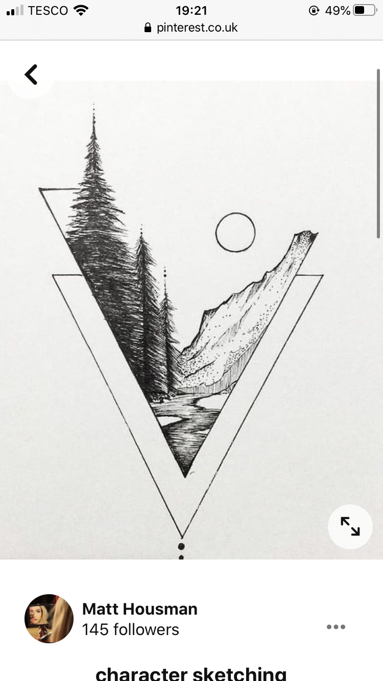 it's a black and white drawing of a mountain landscape. the drawing has a geometric element with an upside down triangle as its border. within the triangle is a mountain on the right, some trees on the left, and a river at the bottom. the drawing is minimalist and artistic.