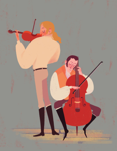 the image shows two men, likely from the classical era, playing music together. one man stands playing the violin, while the other is seated playing the cello. their attire and the instruments suggest a formal musical performance. the muted color palette and soft lighting contribute to a sense of elegance and nostalgia.