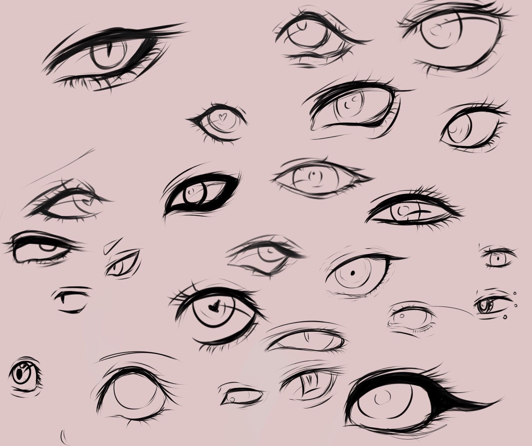 the image consists of multiple drawings of anime style eyes, showcasing different shapes, angles, and expressions. each eye is rendered in black and white, highlighting the details and nuances of the human eye. the varied illustrations serve as a practical study of eye anatomy and expressions, commonly found in art tutorials and practice sheets for aspiring artists.
