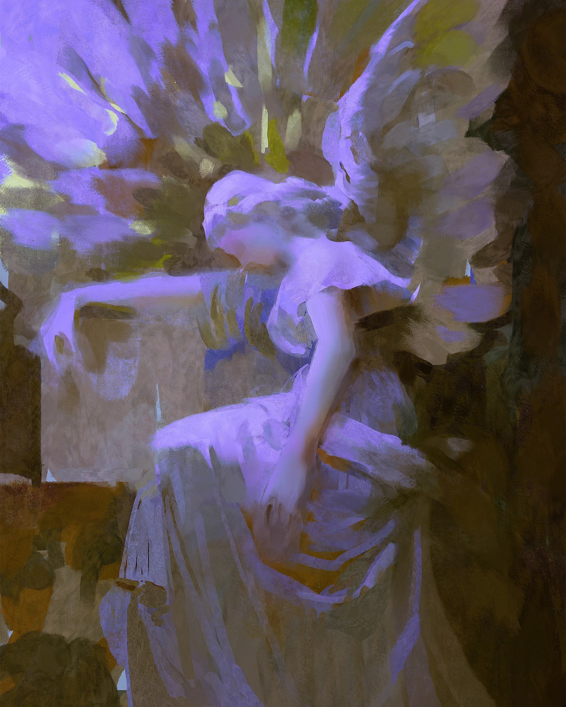 the painting depicts a woman with large white wings, seemingly angelic in nature. she is draped in a flowing white gown with subtle purple hues and is captured in a moment of contemplation. the background is a wash of soft light, with hints of blue and purple, creating an ethereal and mystical atmosphere. the overall impression is one of serenity, grace, and delicate beauty. the painting evokes a sense of dreamlike wonder, suggesting a realm beyond the ordinary.