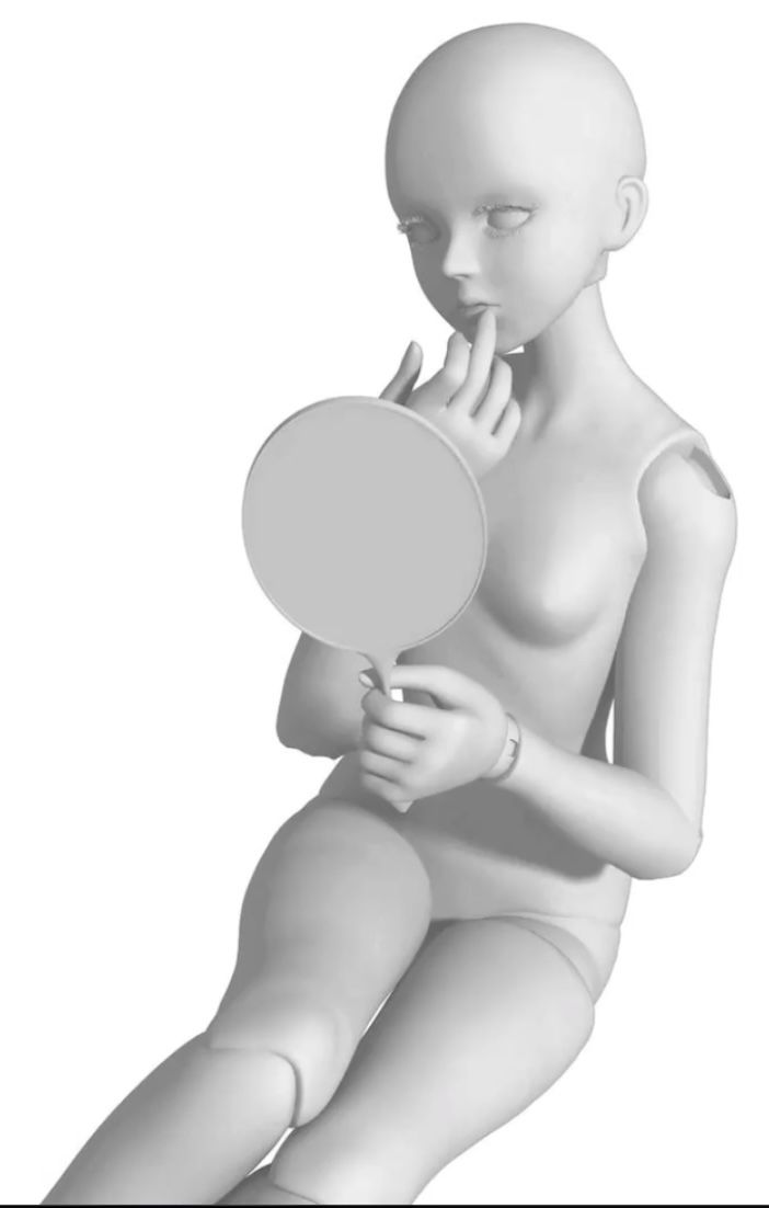 a white doll is sitting with its legs crossed and holding a white mirror in front of its face with its right hand. the doll's eyes are closed. its left hand is resting on its leg.