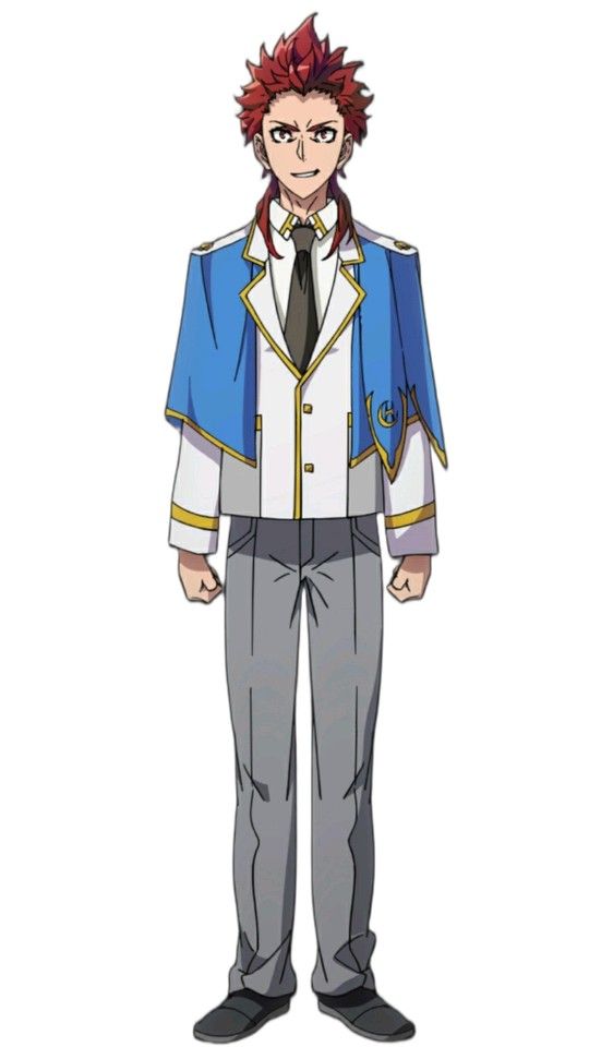 this is a full body illustration of an anime character with spiky red hair, wearing a blue coat, a white shirt, gray pants, and black shoes. the character has a serious expression on his face and is standing with his arms at his sides against a white background.