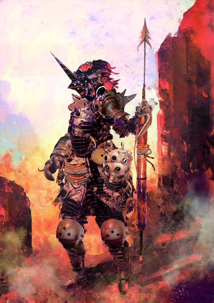 a lone warrior stands amidst a fiery battlefield, framed against a backdrop of smoldering ruins. they are clad in ornate armor, a blend of metallic plates, leather, and what seems to be bone or chitin. a spear rests on their shoulder, its haft decorated with intricate carvings. the warrior's helmet is a fearsome sight, featuring a pointed crest and a visor that obscures their face. the overall atmosphere is one of danger, grit, and resilience.