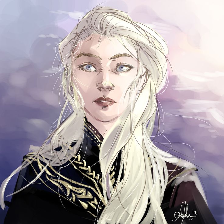 the image is a digital painting or illustration of a young woman with long, flowing platinum blonde hair. she has a serious, almost pensive expression on her face.  she's wearing a dark, possibly black,  outfit adorned with intricate gold embroidery or detailing on the collar and shoulders. the clothing appears quite elegant and suggests a regal or highfantasy setting. the background is a soft, blurry depiction of a cloudy sky, contributing to an ethereal and atmospheric feel. the artistic style is somewhat stylized and painterly, with soft brushstrokes and a focus on light and shadow to create depth and mood. the overall impression is one of elegance, mystery, and perhaps a touch of sadness or contemplation.