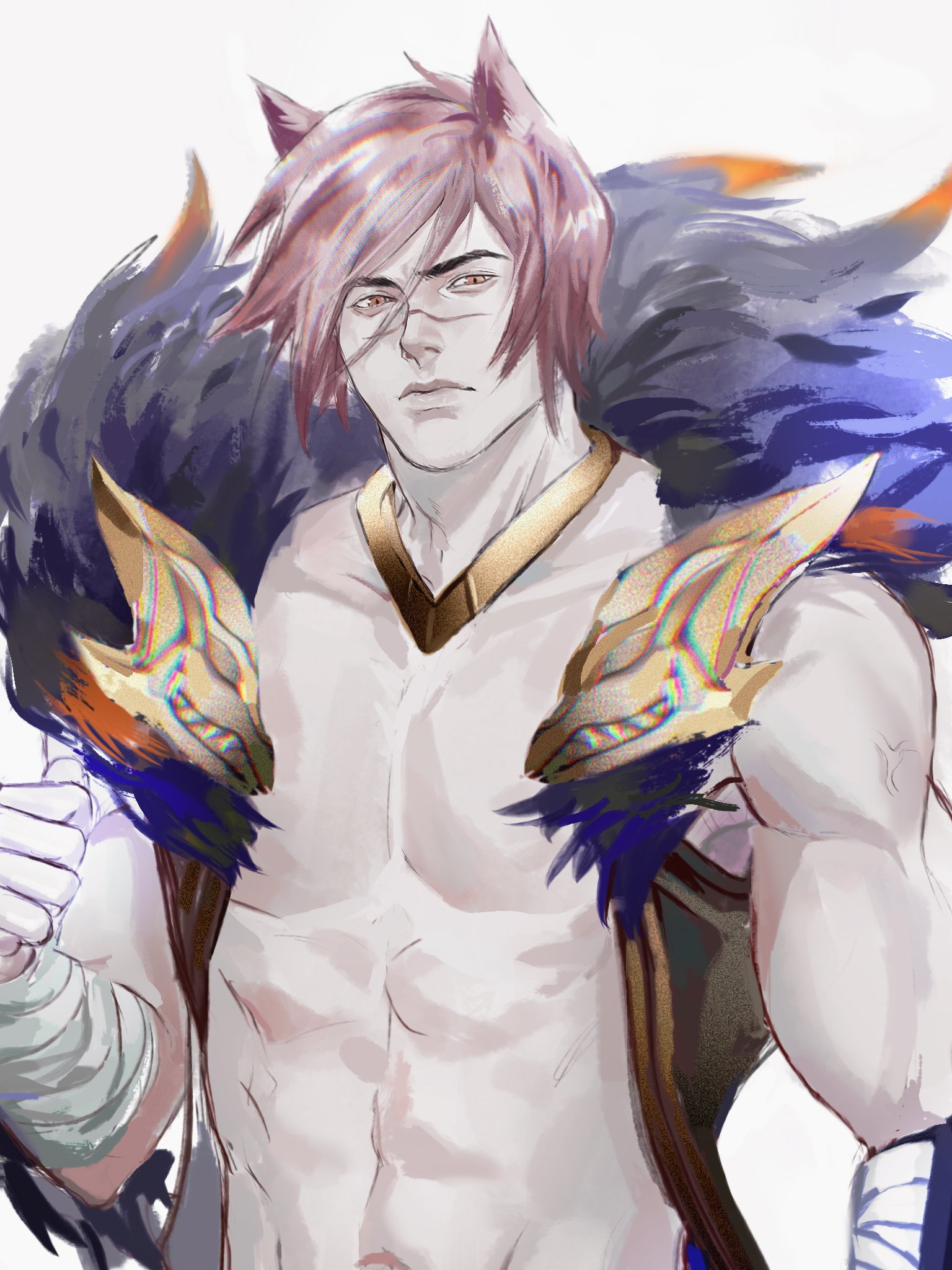 a digital illustration of a male anime character with cat ears. he has pink hair, blue eyes and is wearing a gold and black furry collar around his neck. the character is looking at the viewer with a serious expression.