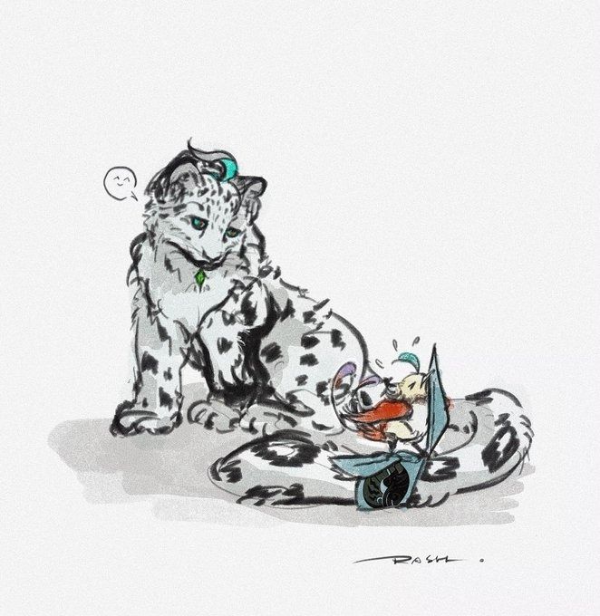the illustration depicts a snow leopard cub sitting down. it wears a teal/green ornament around its neck and has another teal element in its hair. it looks down at a smaller creature, which appears to be a gift or a small animal wrapped in a package. the style is whimsical and cute, with loose lines and soft shading. the background is a simple light gray. the overall mood is lighthearted and gentle.