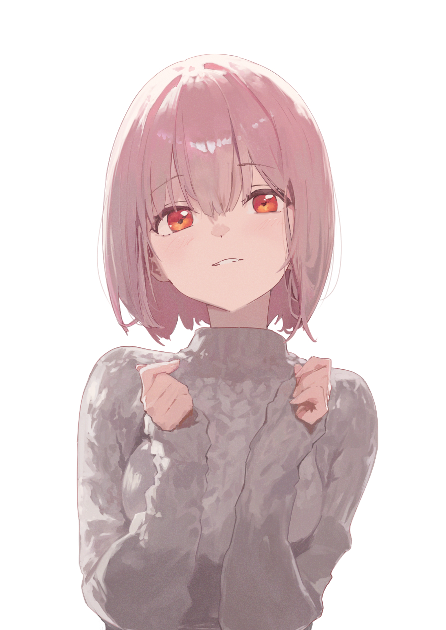 a digitally drawn, animestyle portrait of a young woman with pink hair and orange eyes. she is wearing a grey turtleneck sweater and has a shy expression on her face. her hands are raised slightly, clutching the fabric of her sweater. the image is drawn in a soft, pastellike style with a focus on subtle shading and lighting.