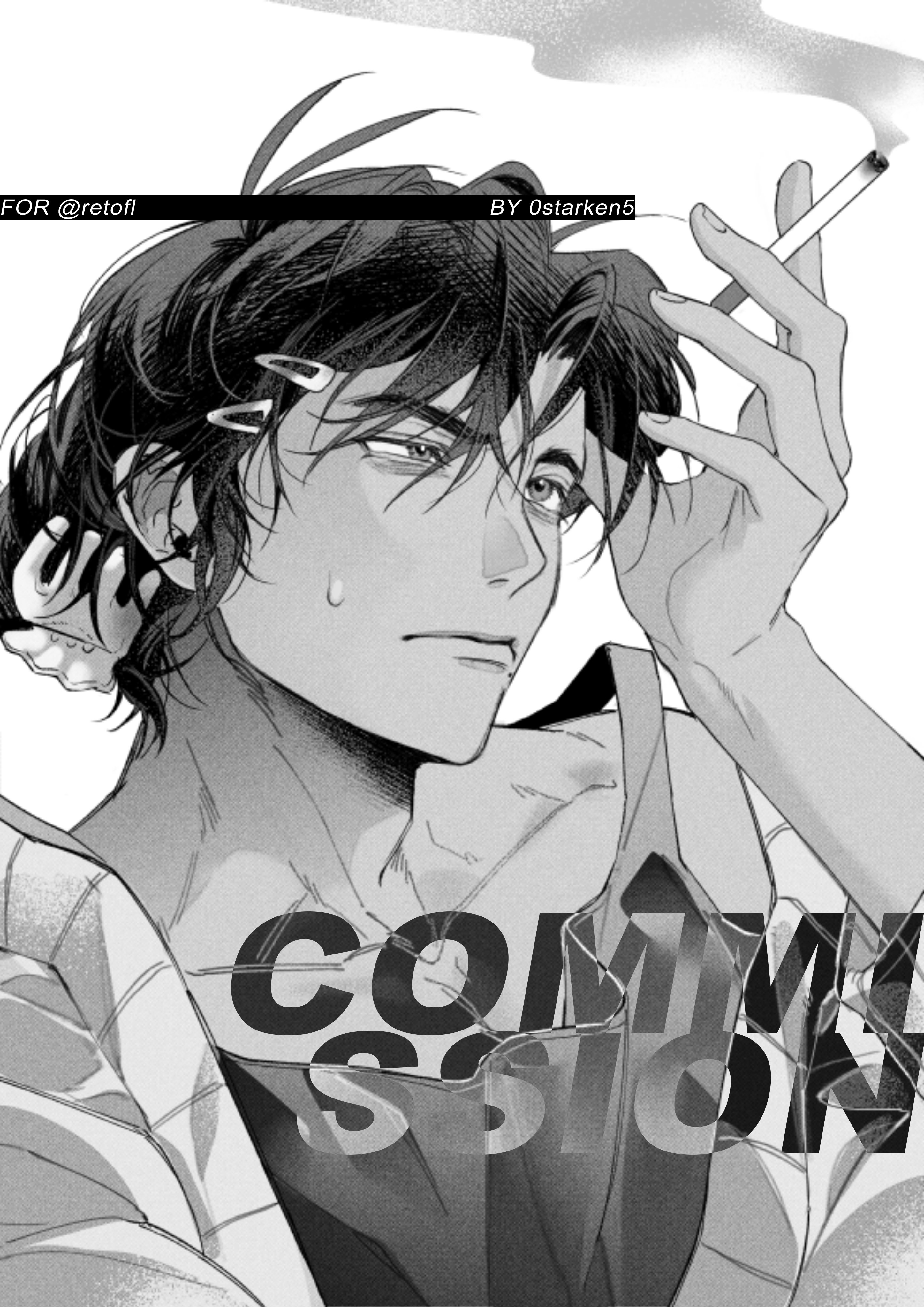 a black and white illustration of a male anime character with a cigarette in his hand. he has dark hair, and his face is partly shadowed by the cigarette. the text "commission" is superimposed on the image. the character is wearing a shirt. the style of the illustration is very detailed and graphic.