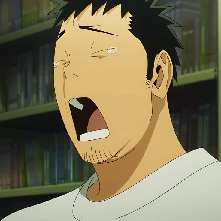 a closeup shot of an anime character, a man with short dark hair, wearing a white tshirt, with his mouth wide open, eyes closed, crying with tears running down his cheeks. the background features a bookshelf filled with books. he appears to be scared or worried about something.