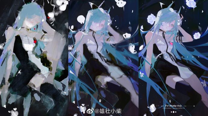 the image features three variations of a digital painting depicting an animestyle girl with long, flowing blue hair.  she's dressed in an elegant, flowing dress, and her pose is graceful and ethereal. the art style is abstract and expressive, using vibrant colors and fluid brushstrokes to create a sense of movement and mystery. the background is dark, providing a striking contrast to the brightly colored subject. the overall impression is one of fantasy and otherworldliness.  the watermark indicates the art is a commission and for display only.