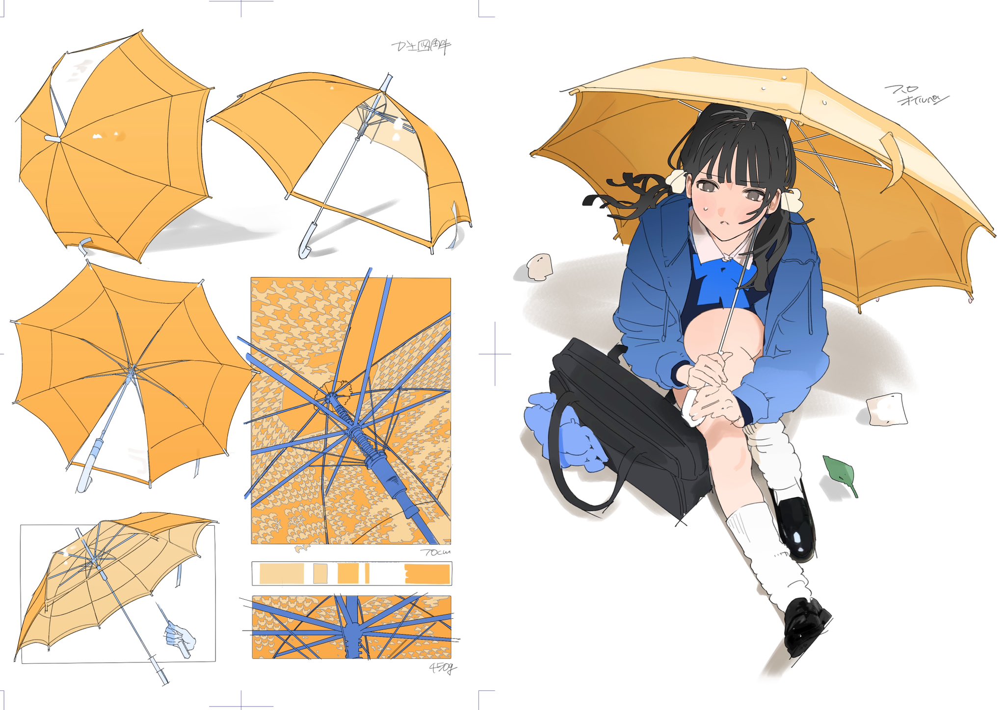 the illustration presents a design concept featuring a young woman with short black hair styled in a bob cut with long bangs. her attire consists of a blue jacket with a white collar, accented by a light blue ribbon, and a matching blue skirt. she is seated gracefully, holding a stylish yellow umbrella. the image's focal point rests on the girl, while a separate section showcases meticulously detailed sketches of the yellow umbrella from various angles. this meticulous presentation highlights the design process, offering a glimpse into the artist's creative journey.