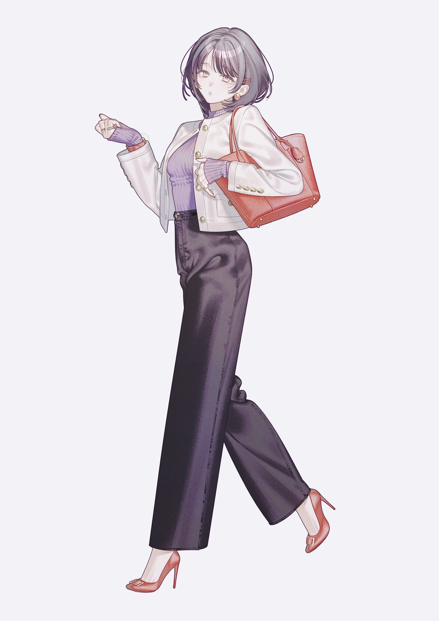 he illustration shows a stylish anime girl walking. she is wearing a white jacket over a purple sweater, long black pants, and red high heels. she carries a red handbag and has short dark hair. the art style is clean and elegant, with a focus on fashion and character design. the background is plain white.
