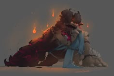 this image is a digital illustration of a fantasy creature. it has a dark, shadowy form with glowing fire effects. the creature appears to be lying on its side, with its head turned to the right. it has sharp teeth and a fierce expression, suggesting a powerful and dangerous being. the background is a dark, shadowy gray, creating a dramatic and mysterious atmosphere.