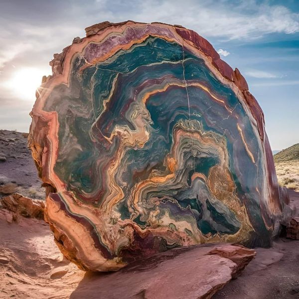 the image shows a large, colorful rock formation in a desert landscape. the rock displays distinct layers of vibrant colors, creating a swirling, patterned effect. the surrounding environment is dry and sandy, with sparse vegetation. the sunlight highlights the rock's texture and adds to the scenic view.