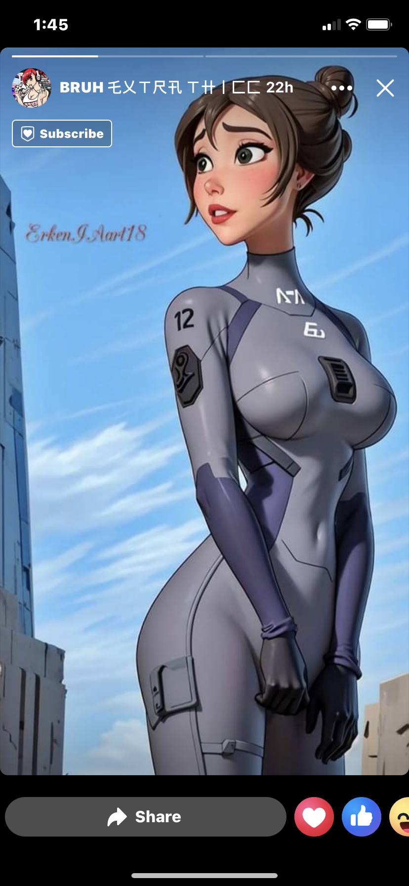 a digital painting of a futuristic anime female character in a military outfit.  she is in a pose showing off her figure. the background is a cloudy, blue sky. she is likely a character in a science fiction setting.