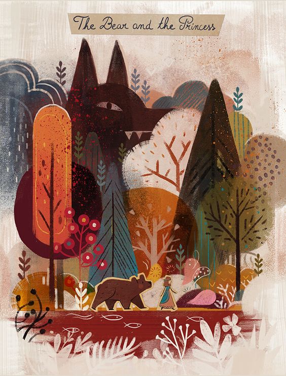 the image is a stylized illustration, likely a book cover, titled "the bear and the princess". it depicts a young princess in a long blue dress walking alongside a brown bear. they are situated on a path beside a flowing river, the water a deep reddishbrown, with small fish jumping upstream.  the forest surrounding them is dense and stylized with abstract trees in various warm autumnal colors. notably, a menacing wolf's face, defined by its glowing eyes and sharp teeth, looms large within the trees behind them, hinting at danger and the potential for a magical story.