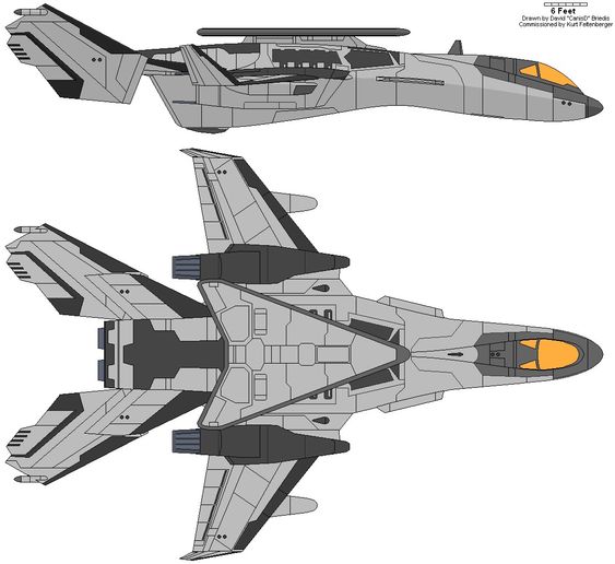 the image presents a blueprint or schematic drawing of a futuristic fighter jet or spacecraft. the aircraft has a sleek, angular design with a mix of gray, white, and a touch of orange on the front. there are two views provided: a side view showcasing the full length of the aircraft and a top view that reveals its wingspan and weapon systems. the detailed line work suggests a focus on the aircraft's technical specifications and design features.