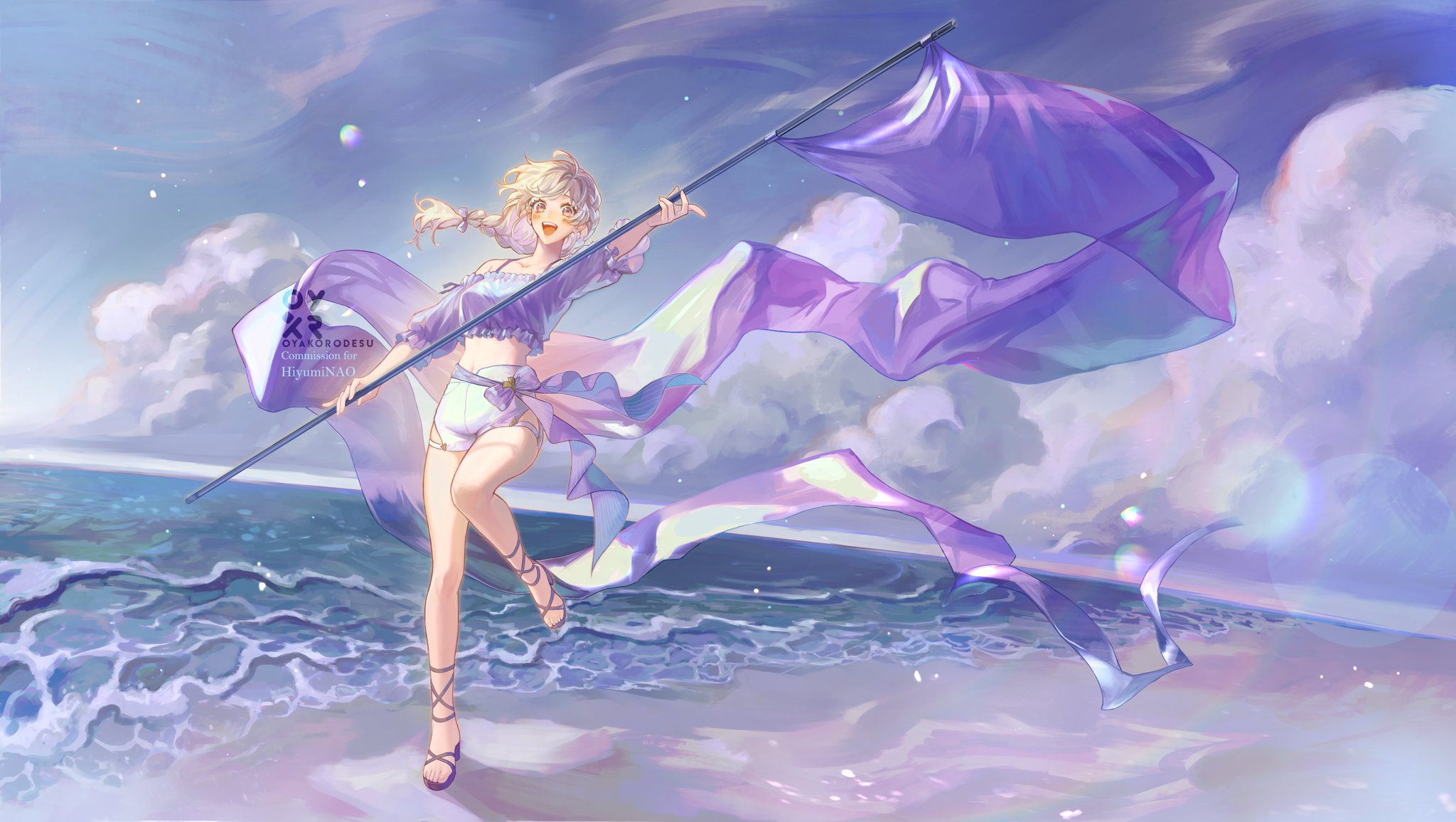 the image is of a young anime girl with long blonde hair and blue eyes, standing on a beach, looking up at the sunset. she is wearing a white and purple outfit and holding a staff with a purple flag attached to it. the flag is flowing in the wind, and the sky is filled with pink and purple clouds. the beach is sandy and white, and the ocean is blue. the image has a whimsical and dreamlike quality, with the girl's smile and the bright colors of the sky and water. it is a beautiful and magical image that captures the joy and freedom of summer.