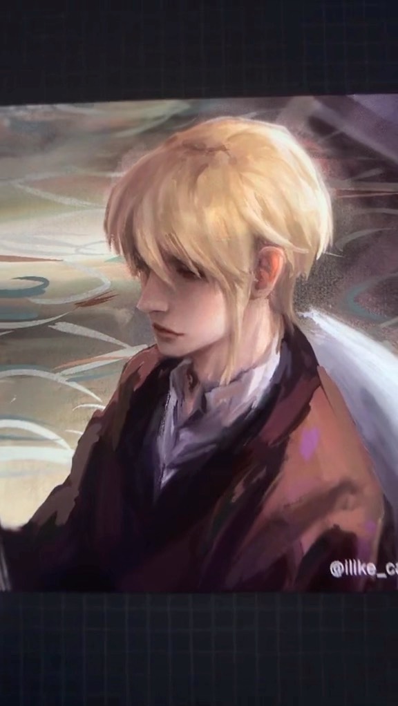 the image is a digital painting in an anime style, depicting a young man with short blonde hair. he is looking down pensively, and has a soft, melancholic expression. his clothing consists of a maroon jacket or coat over a purplish shirt. the background appears to be a stylized representation of water with soft brushstrokes creating an atmospheric effect.  the overall style of the art is quite painterly and evocative. the watermark @illlike_c is present in the bottom right corner.