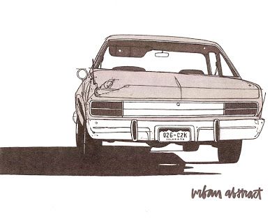 a black and white line art illustration of a vintage car driving down an urban street. the car is drawn in a stylized fashion with a focus on its lines and curves. the background is a simple black and white pattern that suggests a city street. the image is titled "urban abstract" and is a creative take on an urban theme.