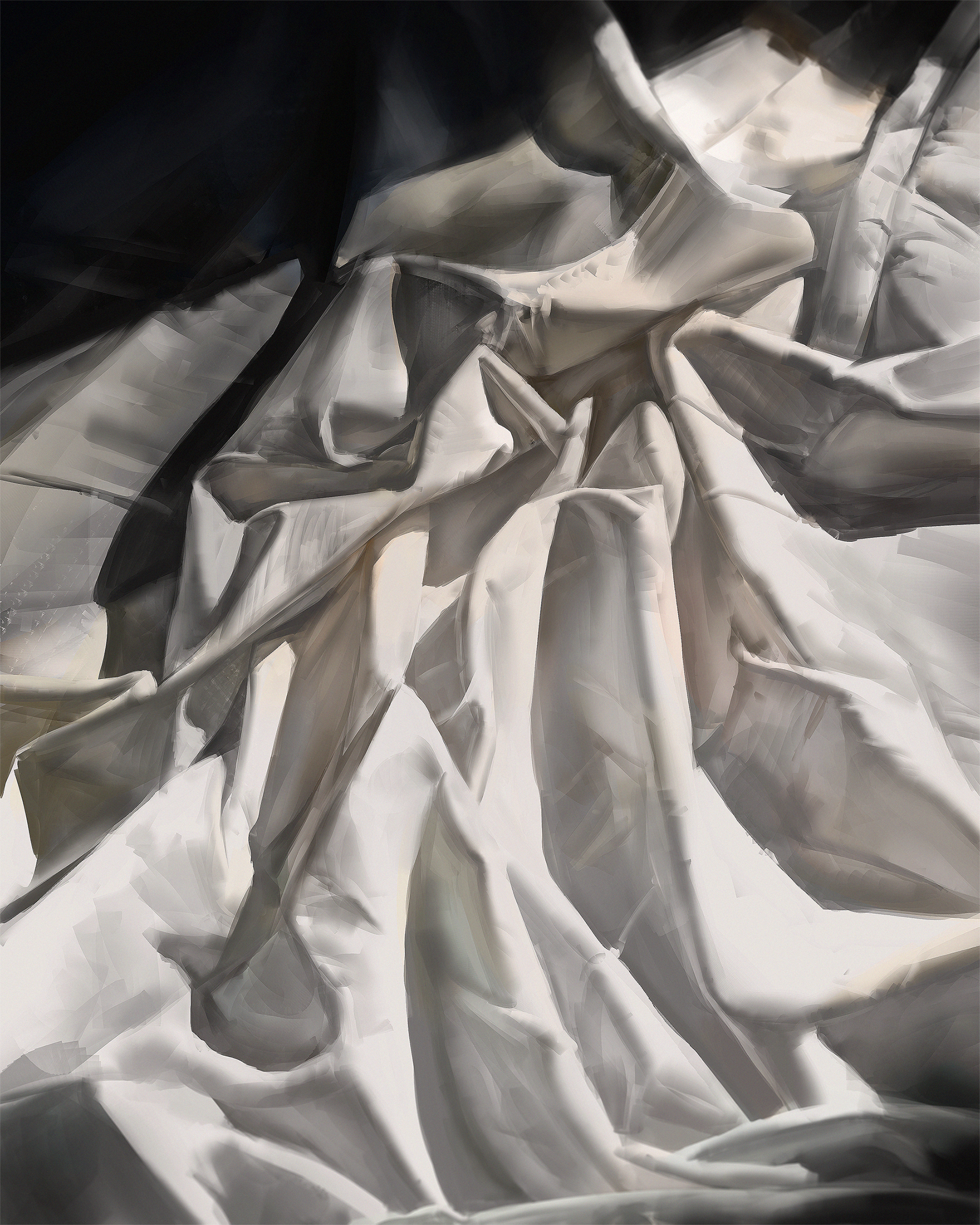 a closeup image of a white fabric draped and folded in a way that creates abstract shapes and patterns. the fabric has a smooth, silky texture and the folds cast soft shadows, adding depth and dimension to the composition. the image focuses on the textures and patterns of the fabric, creating a visually appealing abstract composition.