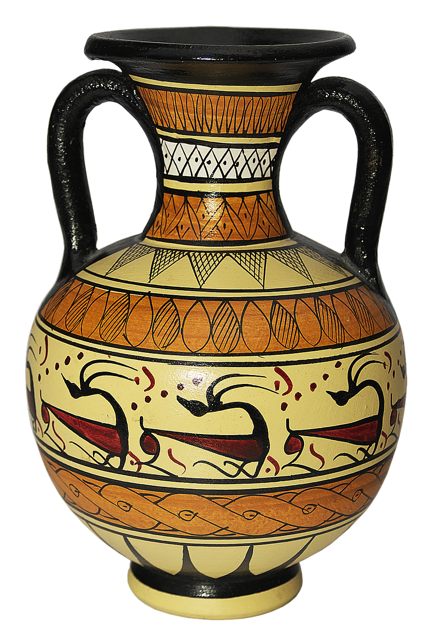 a ceramic vase with a black background, featuring two handles and an array of ancient greekinspired designs. the vase is painted in a palette of black, orange, and red. its decorative elements include geometric patterns and stylized depictions of birds.