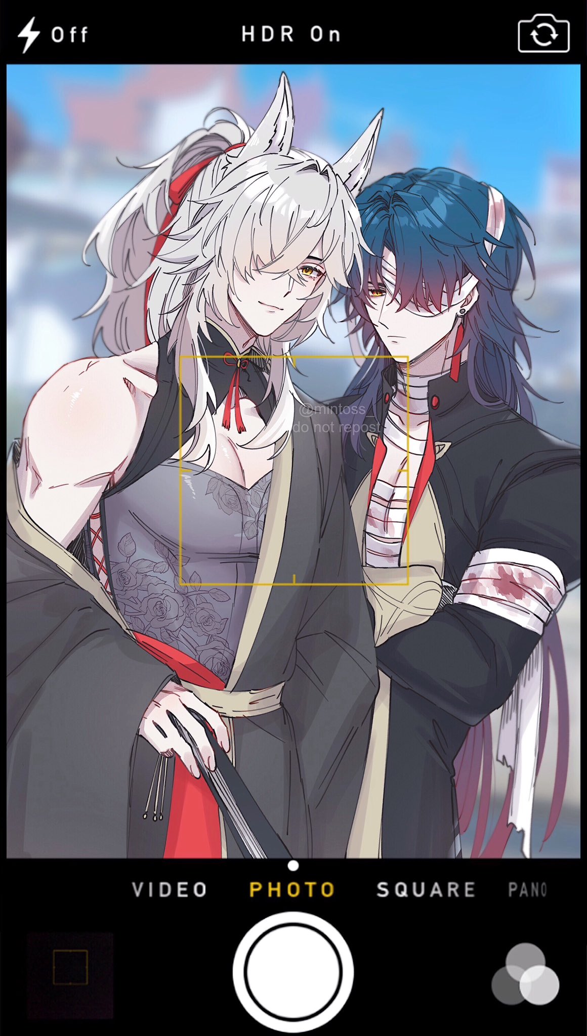 a photograph of two anime characters, a male and a female, in front of a blue sky background. the male character is on the right with blue hair, while the female is on the left with white hair. the female character is smiling, while the male character's eyes are closed. they are both wearing black clothes, and the female character has a red sash tied around her waist. the male character is holding a book in his left hand. the photo is taken from a camera, and it's in a photo frame.  the image has a light and airy feel.