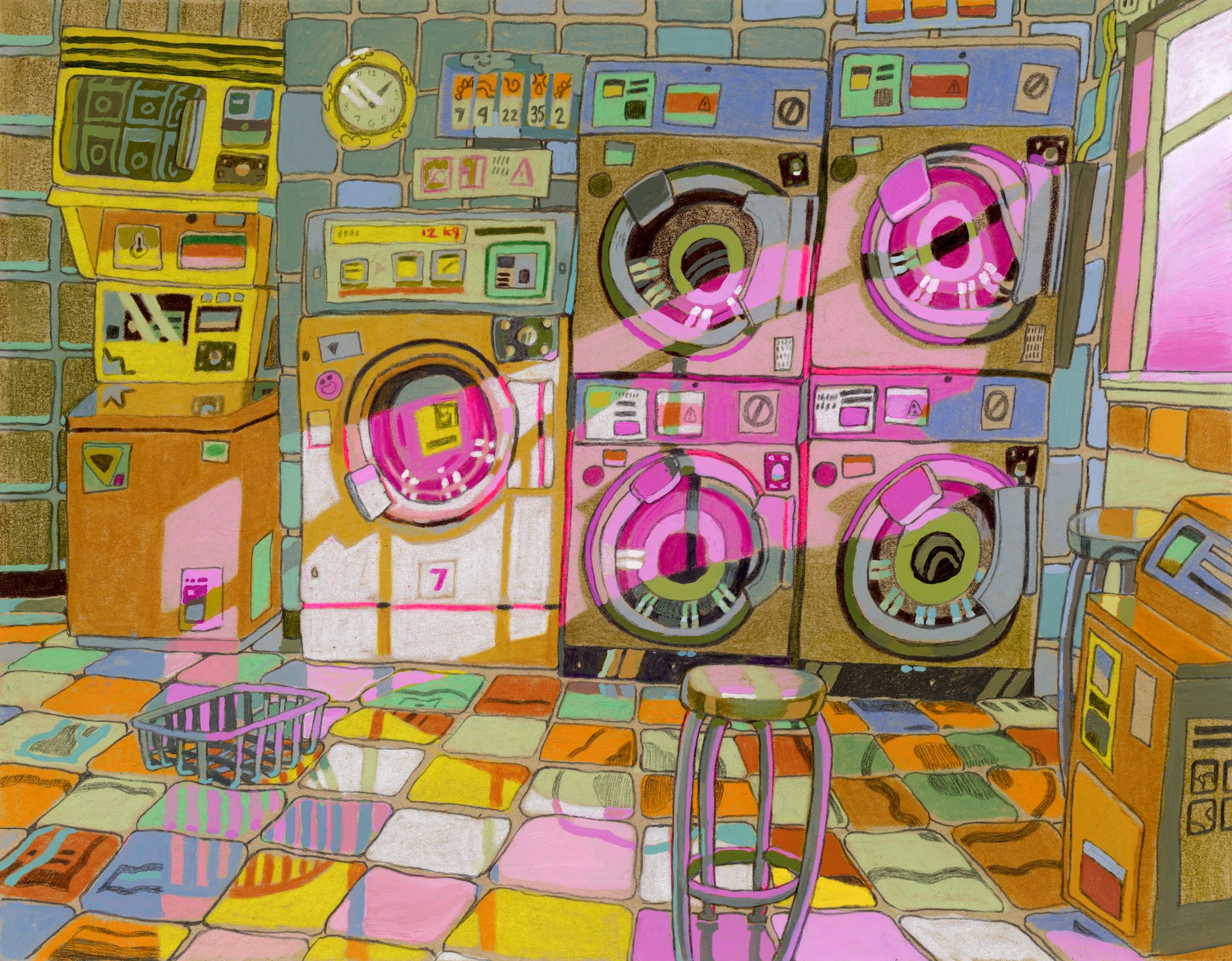 the image is a colorful artwork depicting a laundromat interior. there are several washing machines and dryers stacked against the wall, along with a clock, a payment machine, and a stool. a laundry basket sits on the colorful tile floor. a window is visible on the right side of the image.