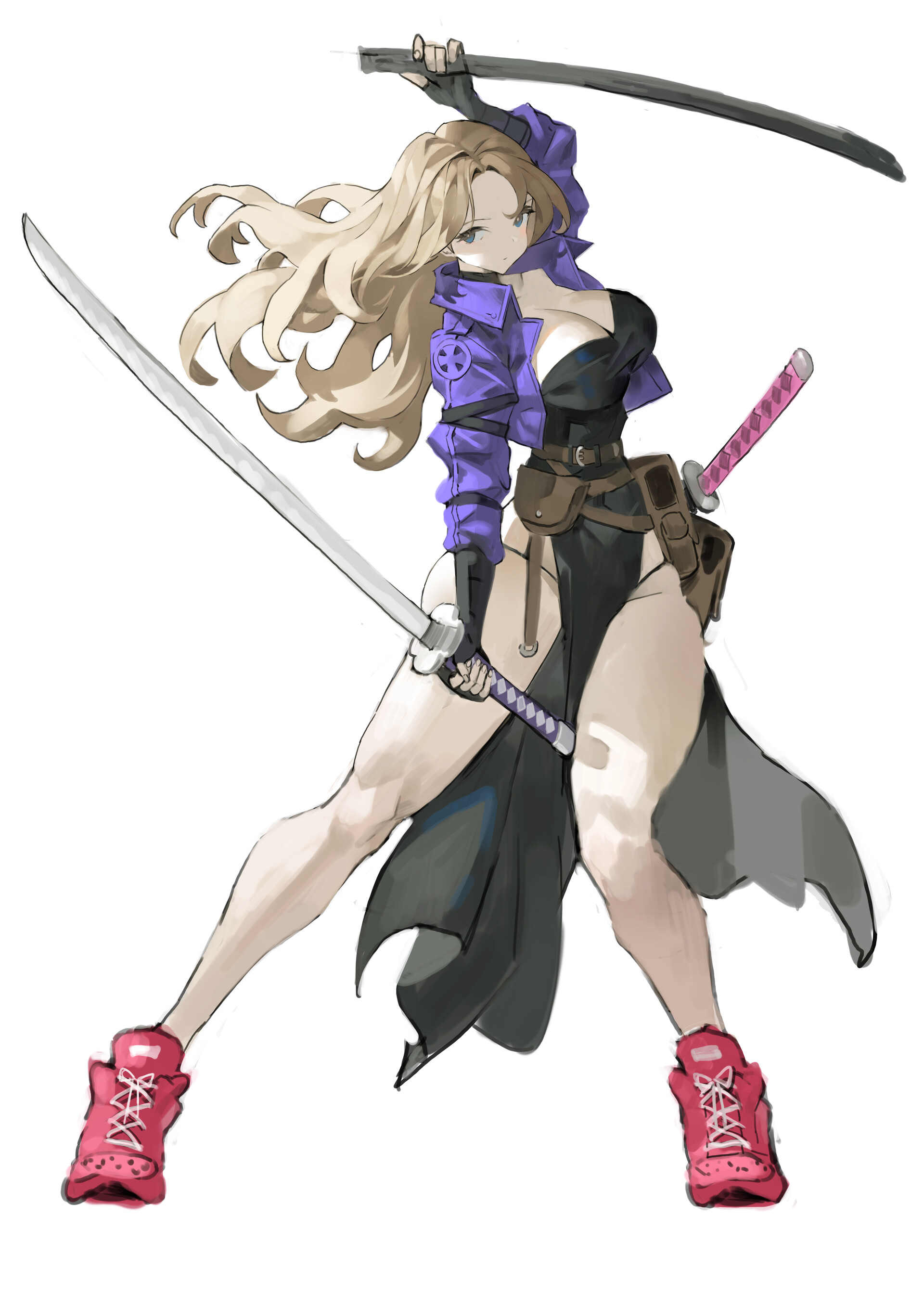 a fullbody animestyle drawing of a woman with long blonde hair, wearing a purple jacket over a black dress, and red sneakers. she is holding two katanas.