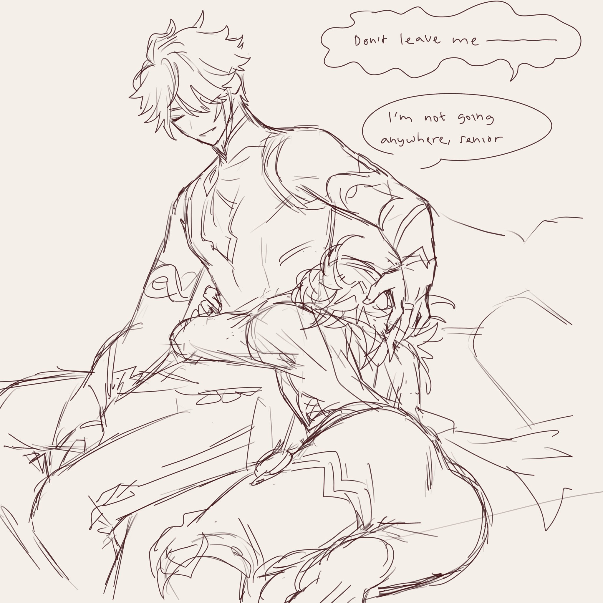 this is a sketch of two anime boys hugging each other. the boy on top is saying "don't leave me."  the boy on the bottom is saying "i'm not going anywhere, senior."  they are both dressed in casual clothes and look to be very close to each other. the sketch is in a simple style, with lines and shading to show the figures.