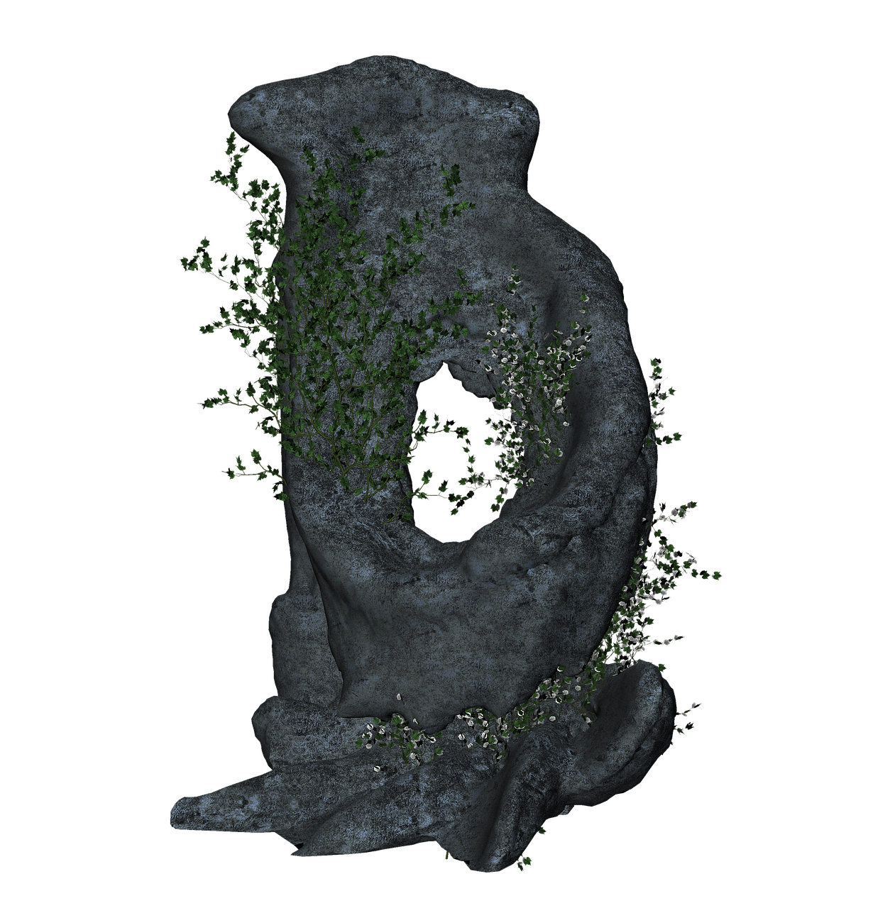 a weathered gray stone sculpture with a hole in its center is covered in vines and moss. the sculpture has a rough texture and appears ancient and abandoned, as if it has been overtaken by nature over time. the scene is set against a black background.