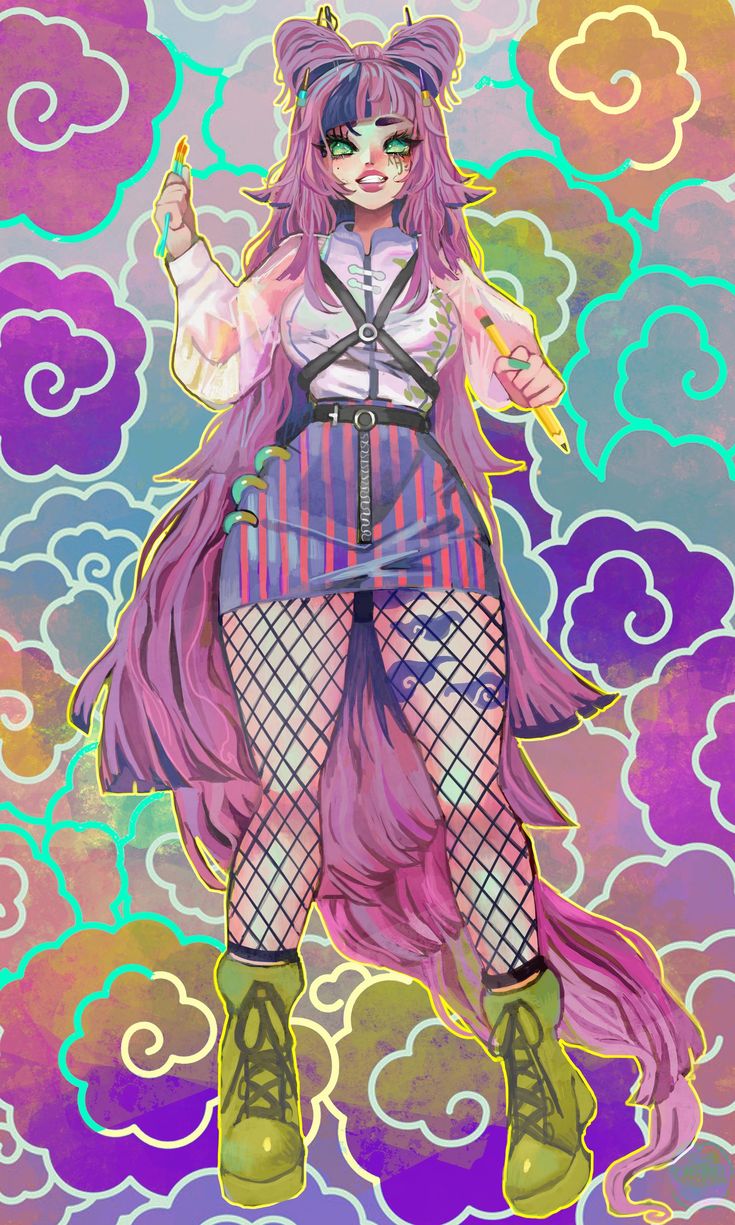 the image is a digital illustration of an anime girl with pink hair in a colorful and stylized setting. she is dressed in a white shirt with a black harness, a striped skirt, fishnet tights, and green boots. she is holding a paintbrush in one hand and a marker in the other, suggesting that she is an artist. the background features colorful clouds and a vibrant color palette. the image is a blend of different art styles and aesthetics, creating a unique and eyecatching visual experience.