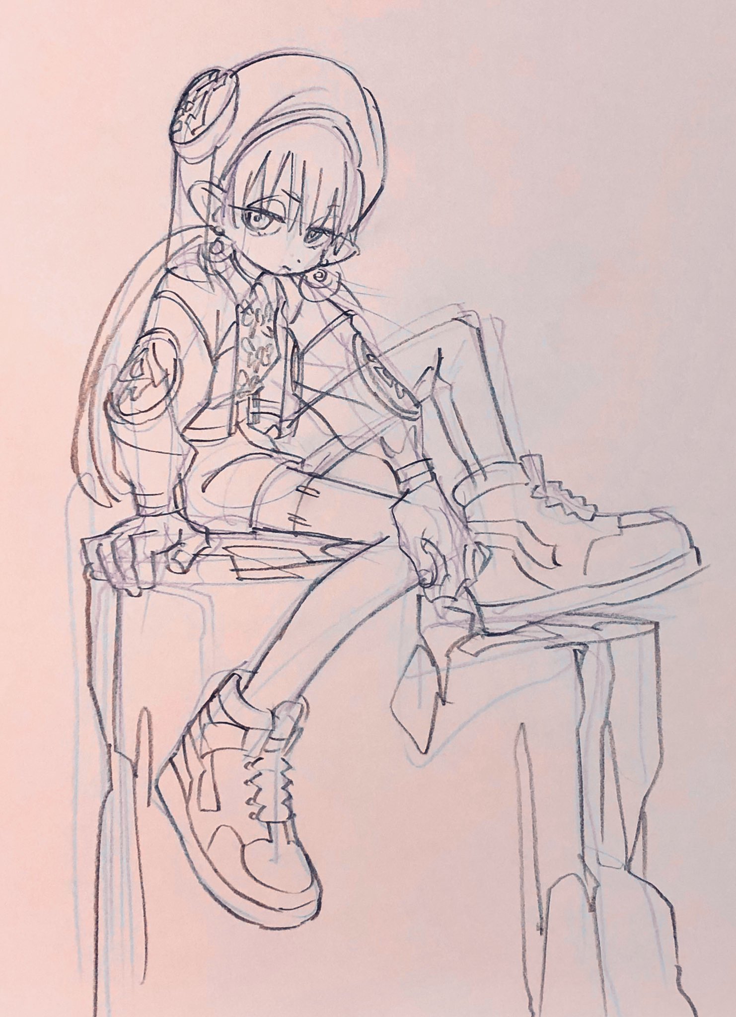 the image is a sketch of an anime girl with long hair wearing streetwear, headphones, and sneakers. she is sitting on a blocklike structure. the sketch seems to be drawn with blue pen on pink paper.  the line art is not perfect and contains guidelines.