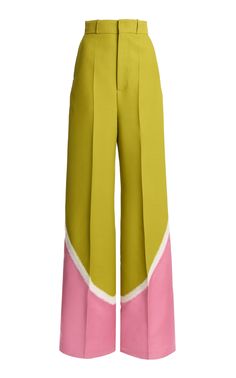 these are a pair of women's pants. they are a wideleg style and are made of a green material with a pink trim. the pants are highwaisted and have white piping around the bottom edge of the legs. the pants are likely made of a dressy fabric and would be suitable for a formal occasion.