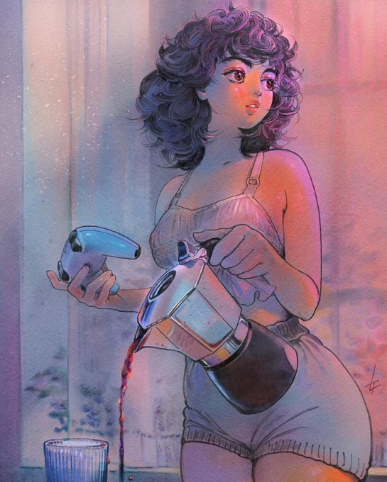 a young woman with curly hair, wearing a lingerie top and knit shorts, stands in profile pouring coffee from a moka pot into a glass. she holds a video game controller in her other hand. soft light streams in from a window behind her, illuminating dust motes in the air.  the scene evokes a cozy, morning atmosphere.