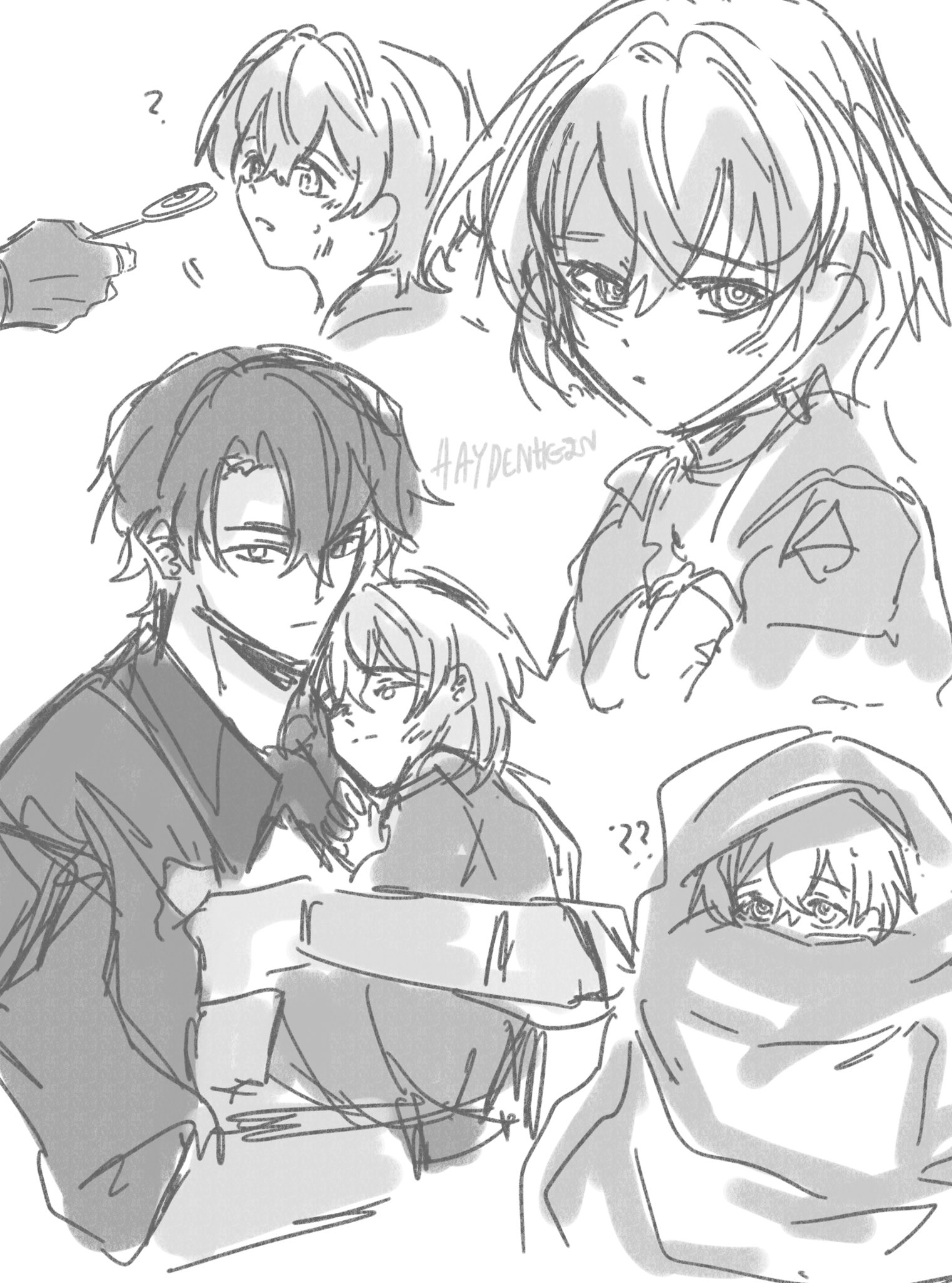 a sketch drawing of five anime characters. they are all young and appear to be friends. two boys are hugging each other, and a girl is sitting in the background. two more girls are standing on the side. the drawing is in a black and white sketch style, with outlines of their figures and some facial details. there are question marks and other scribbles in the background, likely made by the artist.