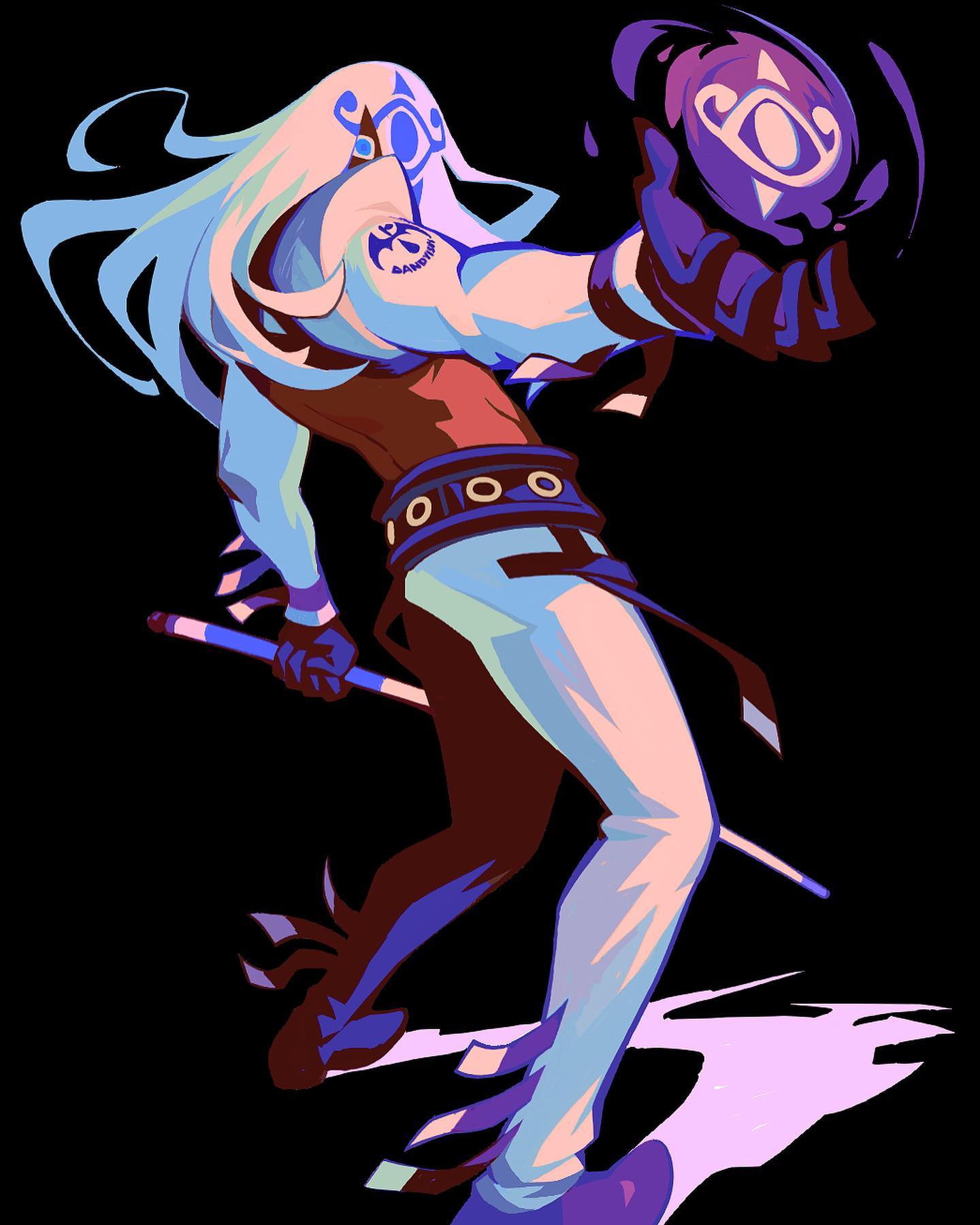 the image is a stylized illustration of a fantasy character, possibly from a video game or anime. the character has long, flowing white hair, pale skin, and is dressed in a mix of white, purple, and red clothing. they hold a dark, glowing orb in one hand and a long, slender staff in the other. the style is dynamic and expressive, with bold lines and vibrant colors.  the overall mood is mystical and powerful. the background is black, which emphasizes the character and their glowing features.
