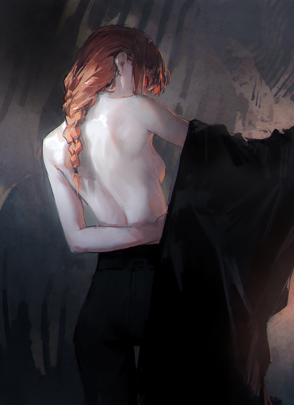 a digital painting of a woman with red hair in a braid. she is wearing black clothes and has her back turned to the viewer. she is looking down with a wistful expression. the background is a dark, abstract painting that suggests a sense of mystery and intrigue. the woman's back is painted with detail, with a hint of nudity in the way her clothes drape over her.  she appears to be in thought.