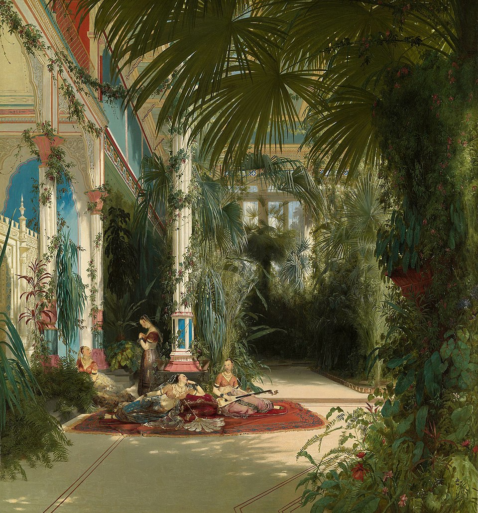 the painting depicts an interior space lush with tropical vegetation. the architecture includes arches, columns, and ornate details, suggestive of an orientalist style. several women are present, some reclining on a red carpet, one playing a musical instrument, and others standing or seated nearby. the scene evokes a sense of relaxation and tranquility, bathed in natural daylight filtering through the extensive greenery. palm trees and other exotic plants dominate the composition, creating a greenhouselike atmosphere.