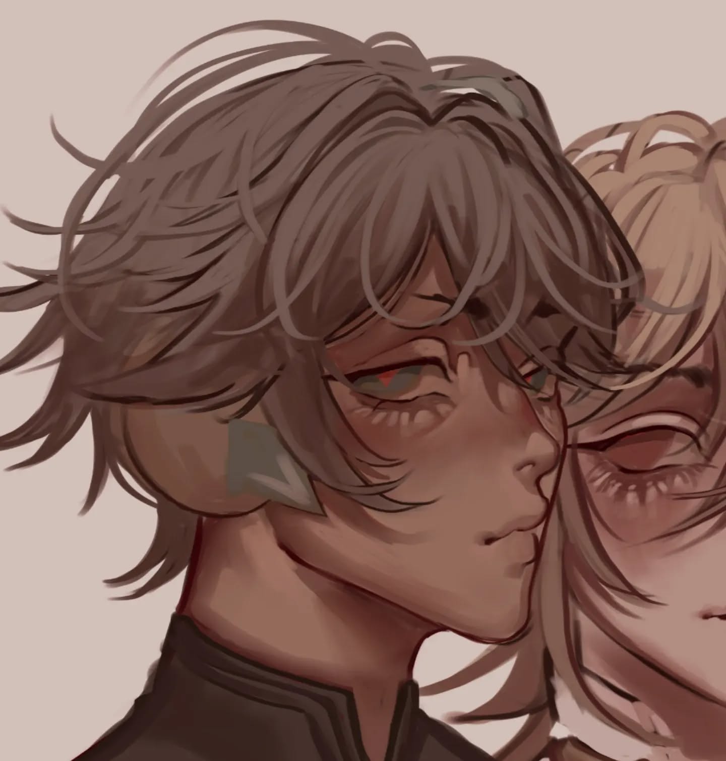 the image is a digital drawing or painting in an anime/manga style. it shows a closeup portrait of two individuals, a boy and a girl, very close together, appearing to be embracing or in an intimate moment.  the boy has short, messy brown hair and slightly redrimmed eyes, and pale skin. the girl's hair is lighter and also appears messy. both figures have highly detailed eyes which are key focal points.  the art style uses soft lighting and muted, sepiatoned colors, creating a soft, slightly melancholic atmosphere.  the overall mood is emotional and intimate.  the level of detail suggests it could be fan art or an original character design.