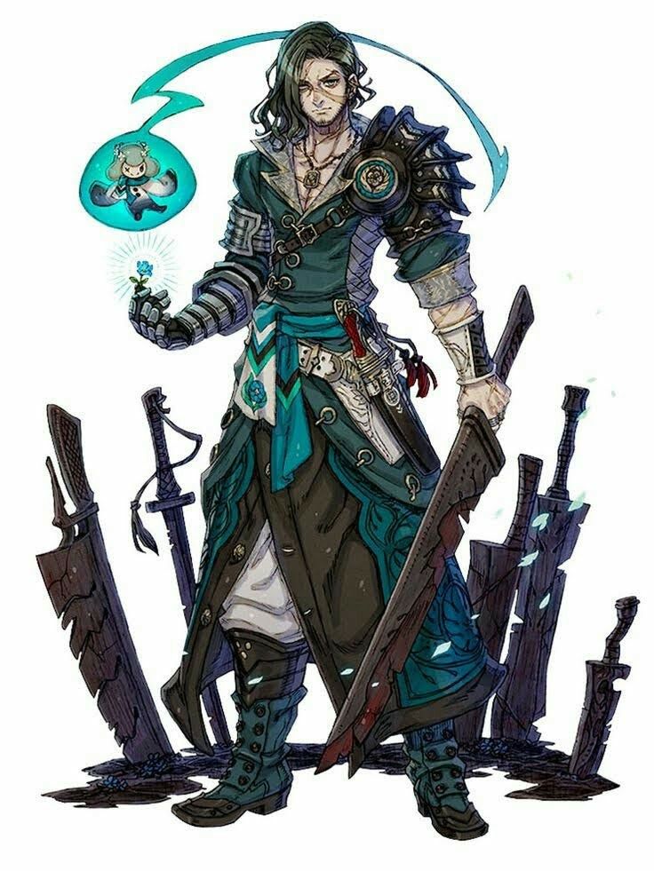 the image showcases a male fantasy warrior standing amidst a collection of swords. he has long dark hair and wears teal, brown, and black clothing with intricate armor detailing. a teal spirit resembling a small humanoid with wings hovers near his left hand. the warrior's expression is stoic, suggesting a hardened and experienced character.