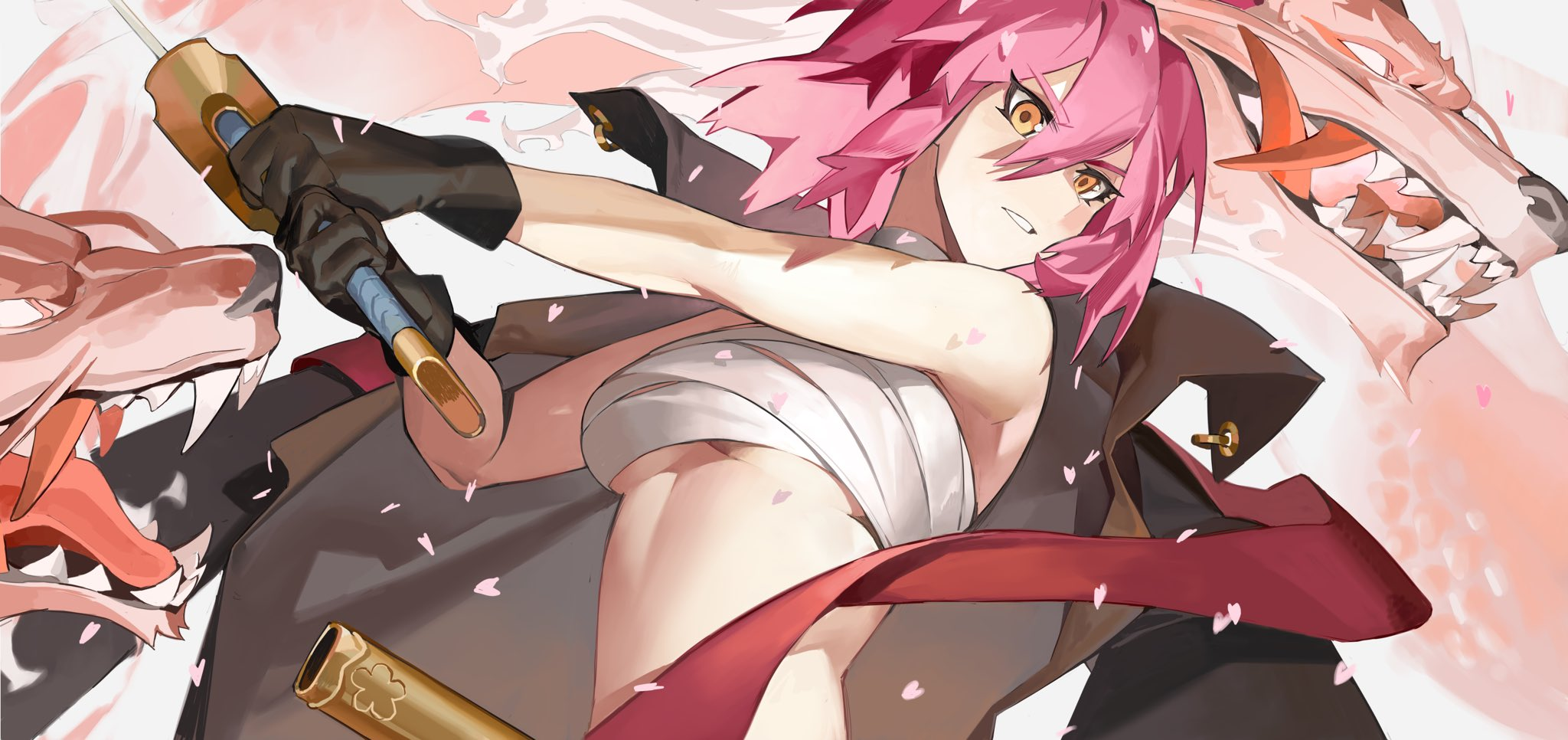 a young woman with pink hair wields a sword against a backdrop of stylized dragons. her attire consists of a black jacket, red sash, and white bandages wrapped around her torso. the scene is filled with a vibrant energy, accented by swirling patterns and falling cherry blossoms.