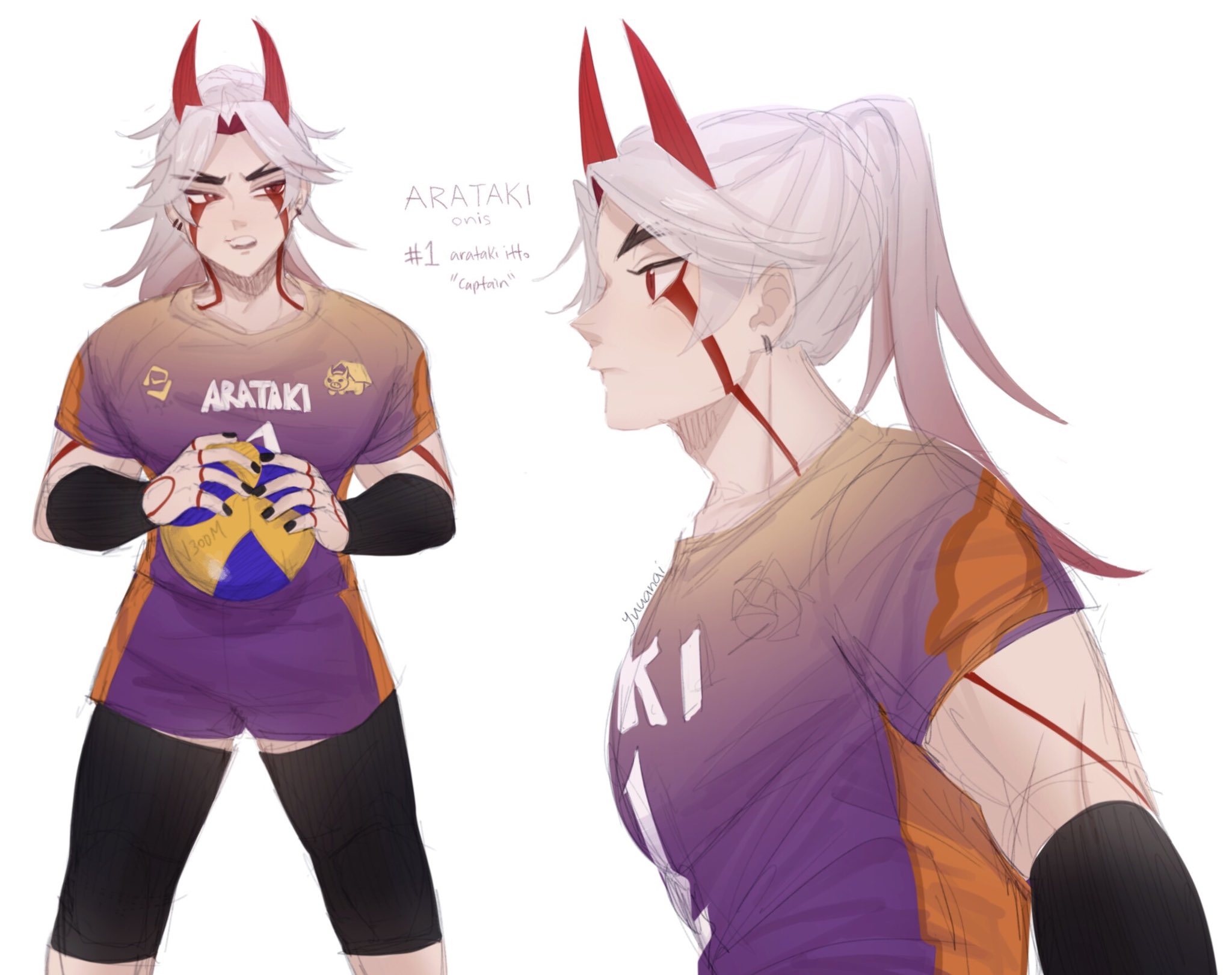 this is an anime illustration of a male character from genshin impact named itto. he is wearing a purple and orange volleyball uniform with the word "arataki" printed on the front. he is holding a volleyball in front of him with his arms crossed, and he is looking directly at the viewer. he has long white hair, red horns, and red eyes. he is known as the "oni" and the captain of the volleyball team.