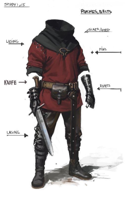 this is a digital drawing of a male fantasy character. the character is depicted as a warrior wearing a red tunic over a black cloak. he is carrying a sword in his left hand, and has an armored bracer on his right arm. he is also wearing a belt with a pouch on his right hip. the character is wearing boots. this drawing is likely a character design for a video game, rpg, or other fantasy project.
